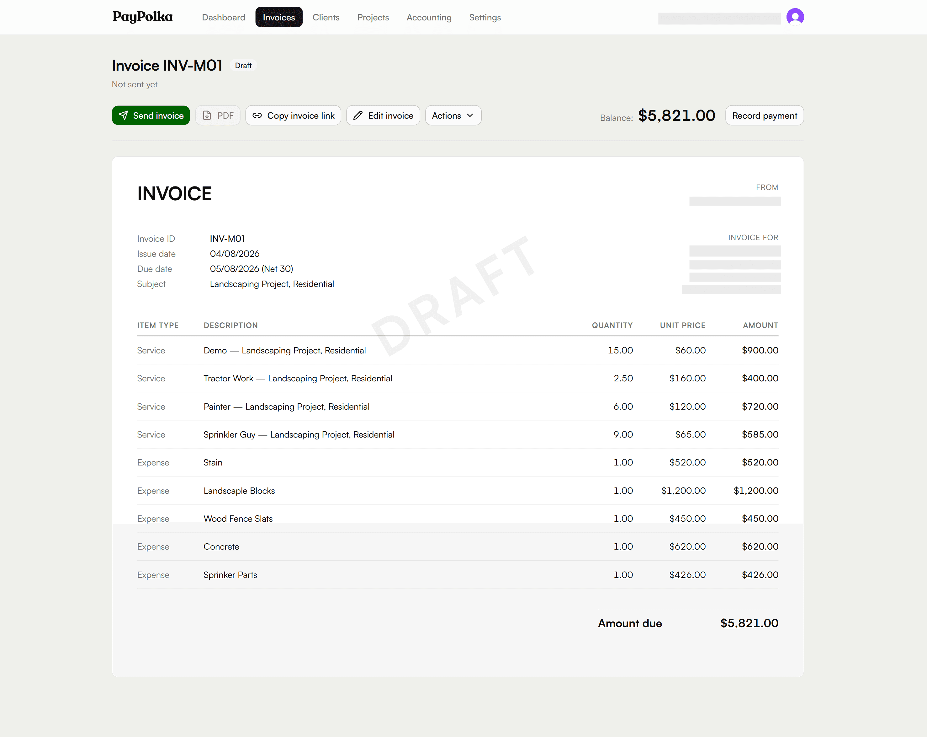 PayPolka invoice detail view showing line items, totals, and payment actions