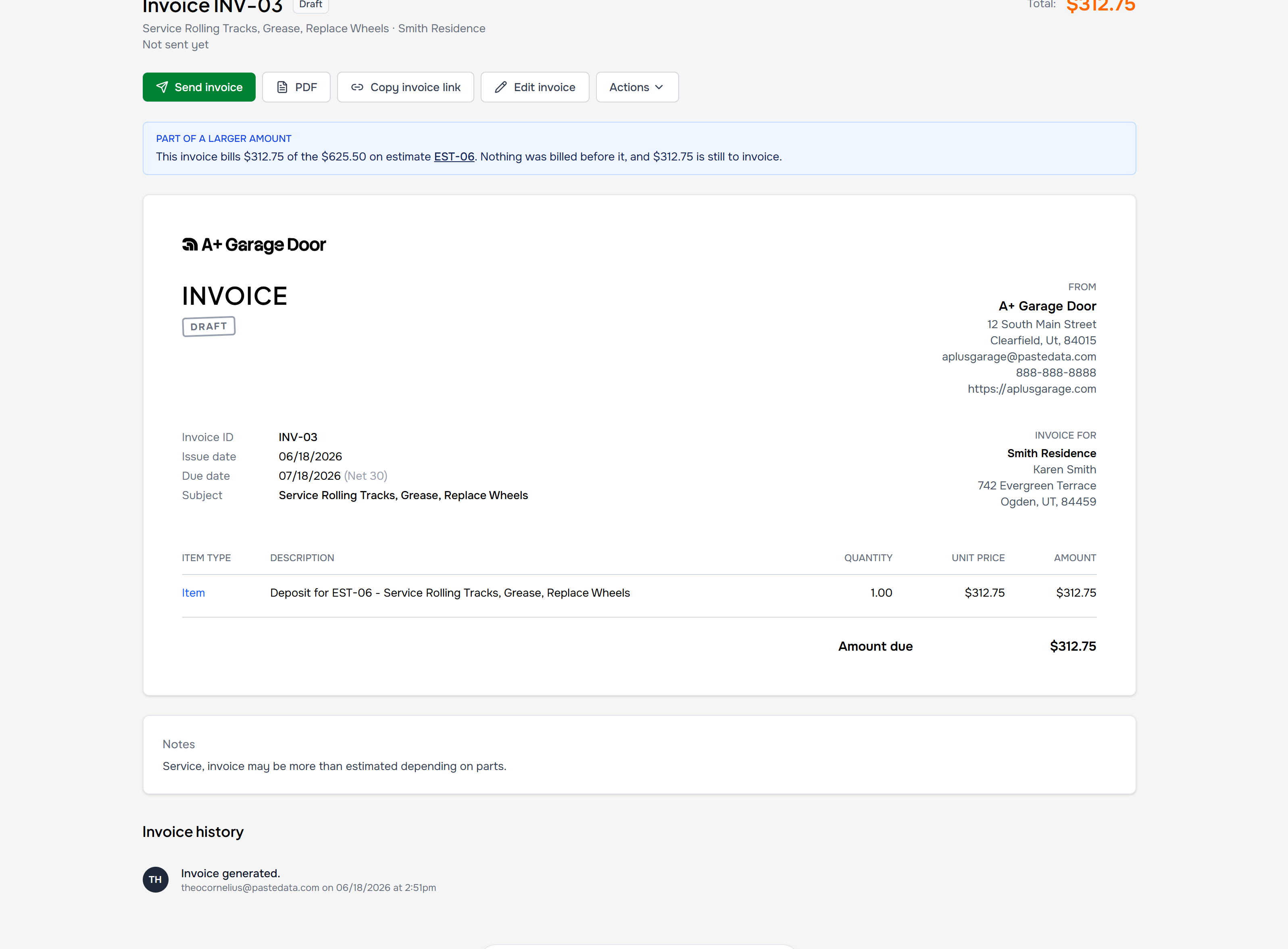 A draft invoice billing $312.75 of a $625.50 estimate, with a band explaining what was billed before and what is still to invoice
